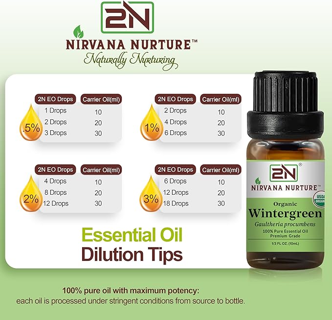 Wintergreen Essential Oil, USDA Certified Organic, 100% Pure Undiluted, Aromatherapy Oil for Diffuser, Hair & Skin Care