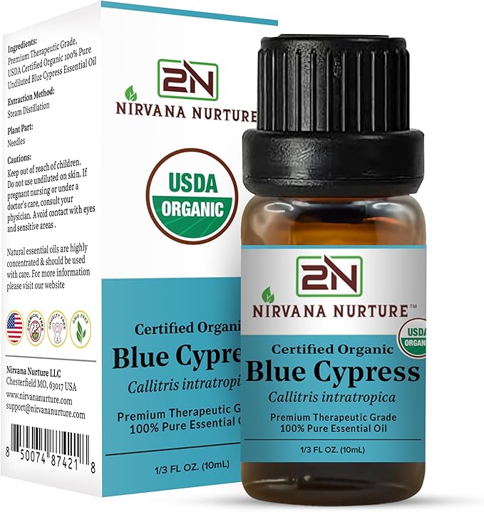 Blue Cypress Essential Oil, USDA Certified Organic, 100% Pure Undiluted, Aromatherapy Oil for Diffuser, Hair & Skin Care