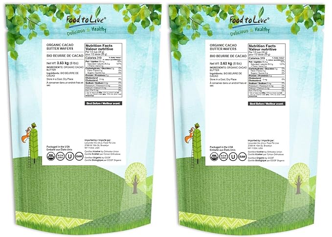 Food to Live Organic Cacao Butter Wafers, 16 Pounds - Non-GMO, Vegan, Food-Grade Cocoa Butter, Bulk, Ideal for Cooking, Baking, and Homemade Chocolate