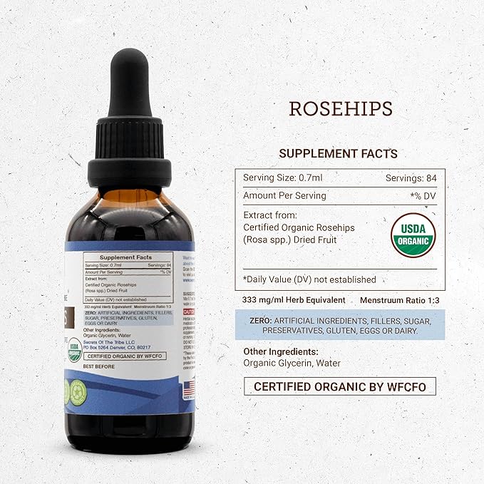 Secrets of the Tribe Rosehips USDA Organic | Alcohol-Free Extract, High-Potency Herbal Drops | Made from 100% Certified Organic Rosehips (Rosa spp.) Dried Fruit (2 oz)