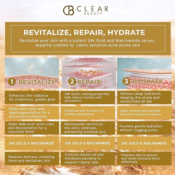 Clear Beauty 24K Gold & Niacinamide Serum For Face - Anti Aging, Firming, Hydration, Tone & Radiance Care - Dermatologist Tested, Korean Skin Care, Vegan Clean Beauty - 1.69 Fl Oz