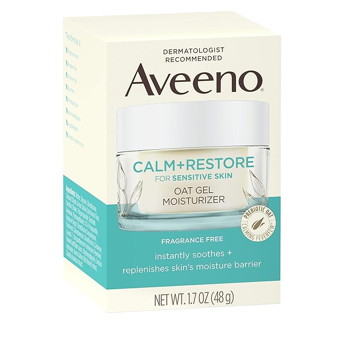 Aveeno Calm + Restore Oat Gel Facial Moisturizer for Sensitive Skin, Lightweight Gel Cream Face Moisturizer with Prebiotic Oat & Feverfew, Hypoallergenic, Fragrance- & Paraben-Free, 1.7 oz (Pack of 5)