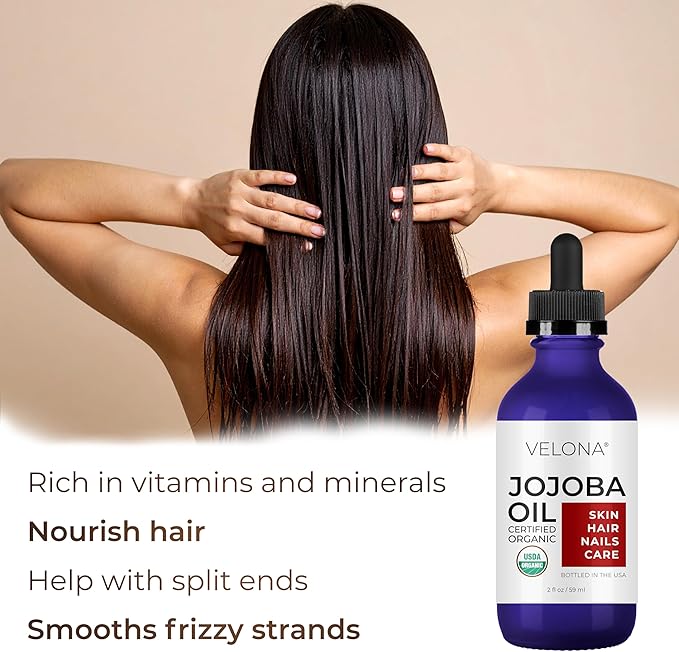 velona Jojoba Oil USDA Certified Organic - 2 fl oz (With Dropper) | 100% Pure and Natural | Golden, Unrefined, Cold Pressed, Hexane Free | Moisturizing Face, Hair, Body, Skin Care