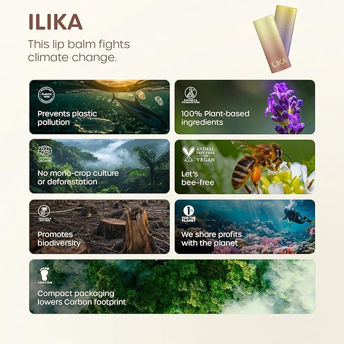 ILIKA 100% Natural Lip Balm - Organic, Plastic-free, Vegan, Cruelty-Free, Vitamin E, COSMOS Certified Organic, PETA Certified Vegan, 8-Pack Assorted Collection, 0.15 oz