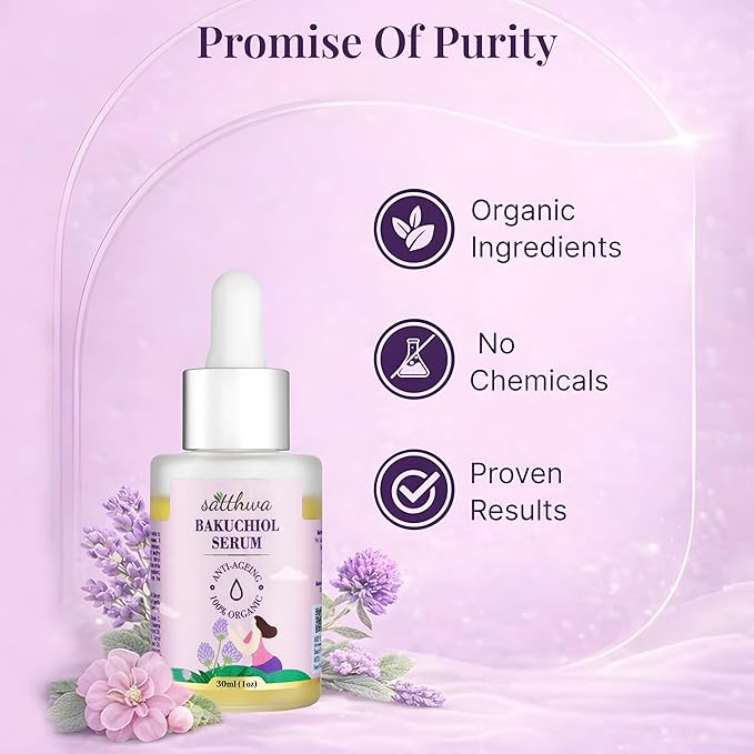 Satthwa Organic Bakuchiol Face Serum - Plumping, Anti-Aging and Reduces Wrinkles Fine Lines - Serum with Vitamin C, Ashwagandha Root Extract - Vegan & Cruelty Free- 1 FL OZ