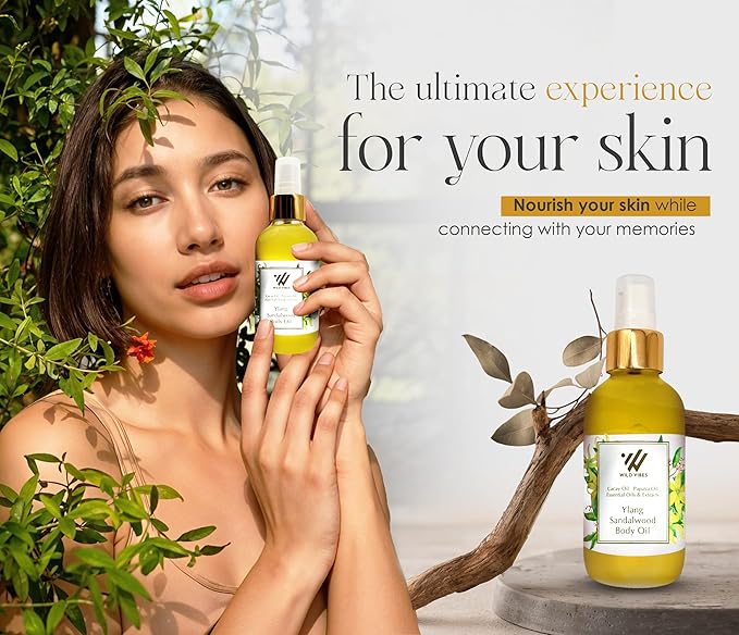 Wild Vibes Ylang Sandalwood + Amber Body & Massage Oil - Hydrating Jojoba, Papaya Seed Oil, Vitamin E, Lupine Seed Extract for Collagen production – Nourishing Oil for all skin types 4oz