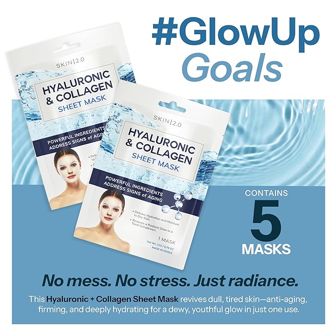 Skin 2.0 Hyaluronic Acid & Collagen Sheet Mask - Hydrating, Anti-Aging, Firming - Dermatologist Tested Korean Skincare - Clean Beauty, Natural Ingredients, Cruelty-Free, All Skin Types - Pack of 5