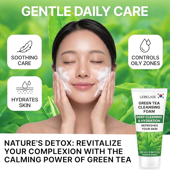 LEBELAGE Korean Green Tea Facial Cleanser 3.38 oz | Cleansing Foam Face Wash | Low pH Gentle Hydrating Daily Facial Cleanser Sensitive Skin | Deep Cleansing Foaming Cleanser, Pore Care-All Skin Types