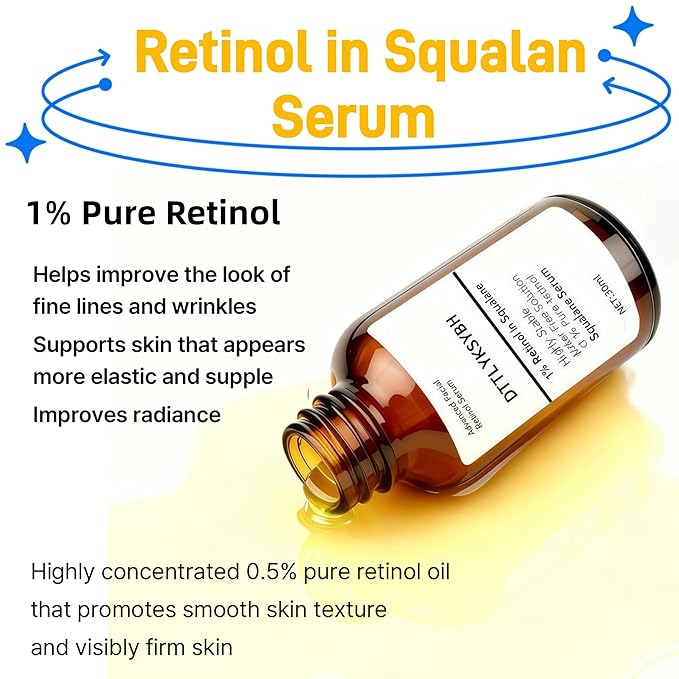 1% Pure Retinol Serum with Squalane Base - Gentle Anti-Aging Facial | Targets Wrinkles, Fine Lines & Uneven Texture | Soothes While Firming for Smooth Youthful Complexion - 30ml