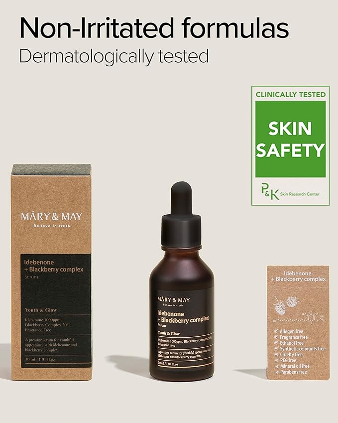 Mary&May Idebenone 1000ppm + Blackberry 20% Antioxidant Face Serum – Gentle Vitamin C Alternative for Fine Lines & Dullness, Fast-Absorbing, Non-Sticky, Fragrance-Free, EWG Verified, 1.01 fl oz