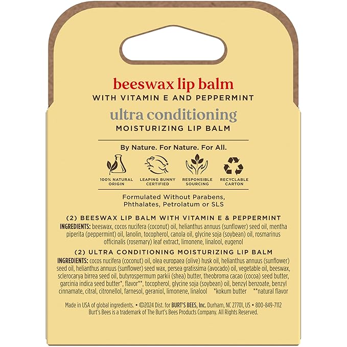 Burt's Bees Lip Balm Beeswax and Ultra Conditioning Lip Balm Pack, Hydrating Lip Moisturizer with Kokum and Shea Butter, Natural Origin Lip Care, 4 Tubes, 0.15oz.
