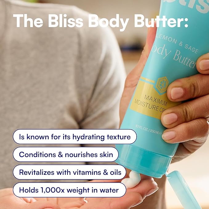 Bliss Body Butter - Lemon and Sage Body Butter - Maximum Moisture Cream - 32 Fl Oz - Body Lotion for Dry Skin - Long-Lasting Moisturizer for Women & Men - Vegan & Cruelty-Free