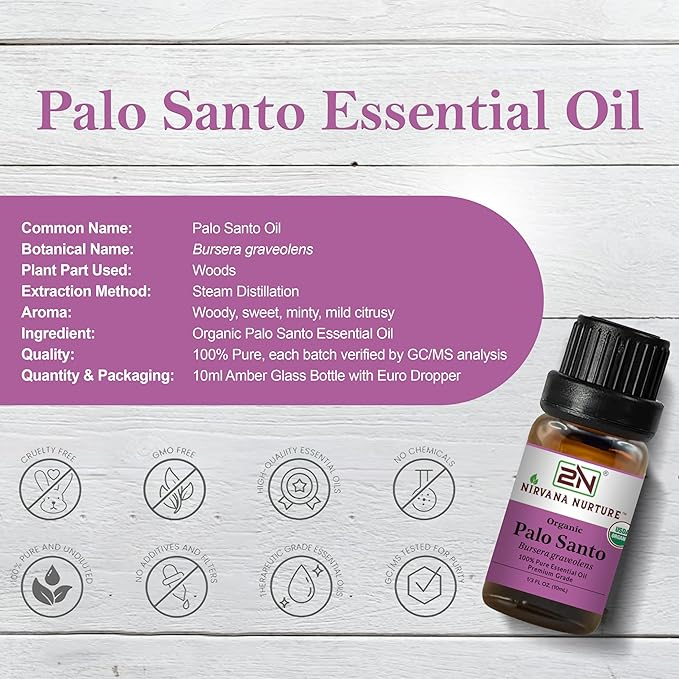 Palo Santo Essential Oil, USDA Certified Organic, 100% Pure Undiluted, Aromatherapy Oil for Diffuser, Hair & Skin Care