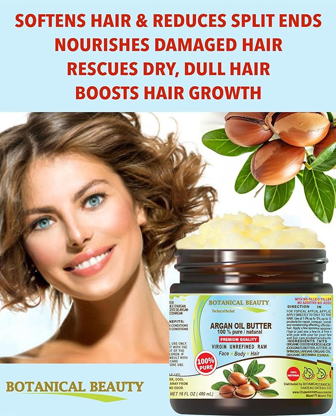 Botanical Beauty ARGAN OIL BUTTER RAW 100% Pure Natural VIRGIN UNREFINED Cold-Pressed for Face, Skin, Body, Hair, Lip, Nails. Rich in Vitamin E (4 Fl Oz)