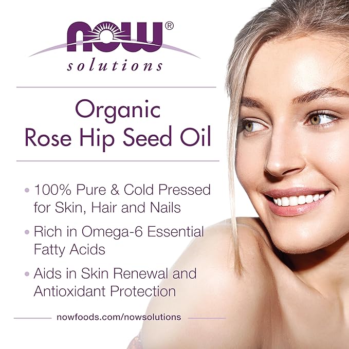 NOW Solutions, Organic Rose Hip Seed Oil, Certified Organic and 100% Pure, For Facial Care, Expeller Pressed, Vegan, Child Resistant Euro Dropper, 1-Ounce