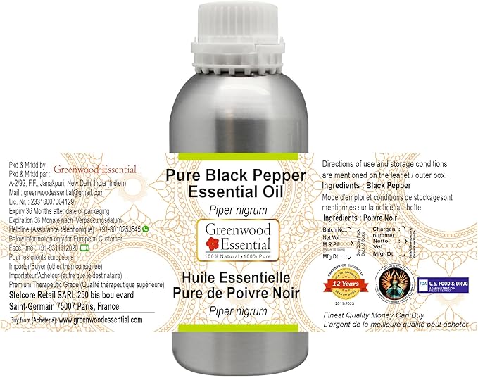 Greenwood Essential Pure Black Pepper Essential Oil (Piper nigrum) Steam Distilled 300ml (10 oz)