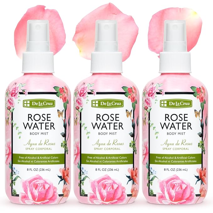 De La Cruz Pure Rose Water Body Mist,Rosewater Spray for Face, Skin & Hair, Rose Toner & Rose Water for Hair Alcohol Free, Paraben Free 8 fl oz (3 Bottles)