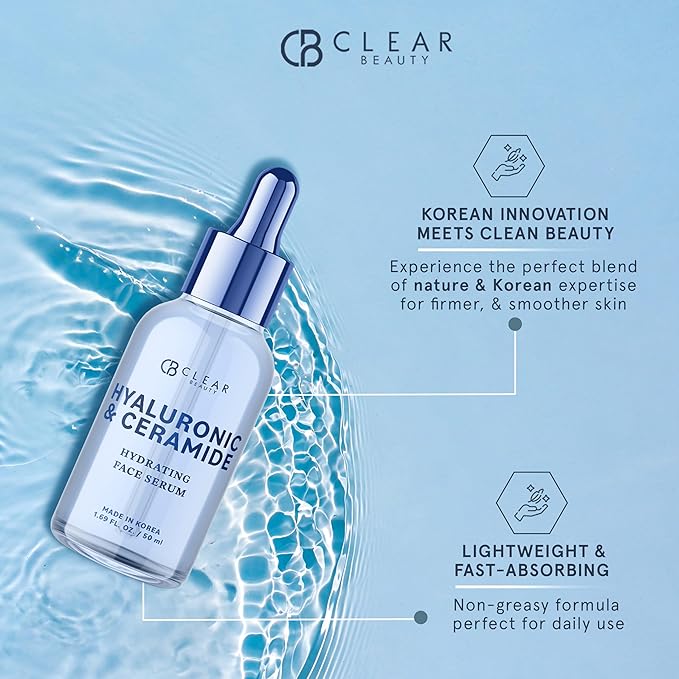 Clear Beauty Ceramide & Hyaluronic Acid Serum for Face - Dermatologist Tested, Anti Aging Korean Skin Care - Deep Hydration, Plumps Fine Lines, Firms, Barrier Repair - Vegan, Clean Beauty- 1.69 Fl Oz