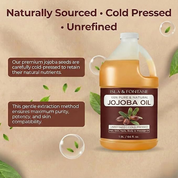 ISLA & FONTANE Jojoba Oil Set – 64 Fl Oz (1.9L) | 100% Pure & Natural | Golden, Unrefined, Cold Pressed | Hexane-Free Carrier Oil for Skin, Hair, Face, Nails & Body