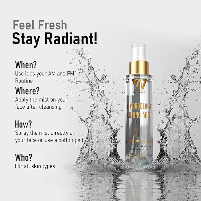 White Wolf Hydroblast Toning Mist with Hyaluronic Acid, Rice Water & Cucumber hydrates, refreshes Skin, and Reduces fine Lines for a Glowing, Youthful Look—Suitable for Men.