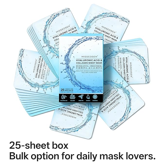Collagen Face Mask with Hyaluronic Acid, Vitamin E Oil for Skin Care Hydrating, Moisturizing, Brightening & Anti Aging Face Masks Skincare for Oil, Dry, Acne, Sensitive All Skin Types 25PCS