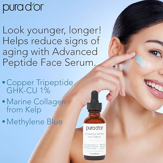 PURA D'OR Advanced Peptide Face Serum – Copper Tripeptide, Plant-Based Stem Cell Extract, Marine Collagen from Kelp, Hyaluronic Acid & Methylene Blue – Anti-Aging Serum for Youthful-Looking Skin, 1 Oz