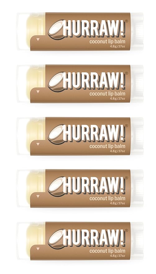Hurraw! Coconut Lip Balm, 5 Pack: Organic, Certified Vegan, Cruelty and Gluten Free. Non-GMO, 100% Natural Ingredients. Bee, Shea, Soy and Palm Free. Made in USA