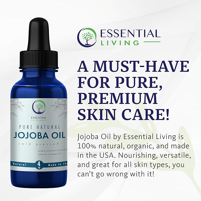 Essential Living: Organic Jojoba Oil - Pure Carrier Oil for All-Natural Skin Care, Moisturizer, Makeup Remover, Oil Cleansing and More - 4 oz. - Cold Pressed - No Hexane - Made in the USA