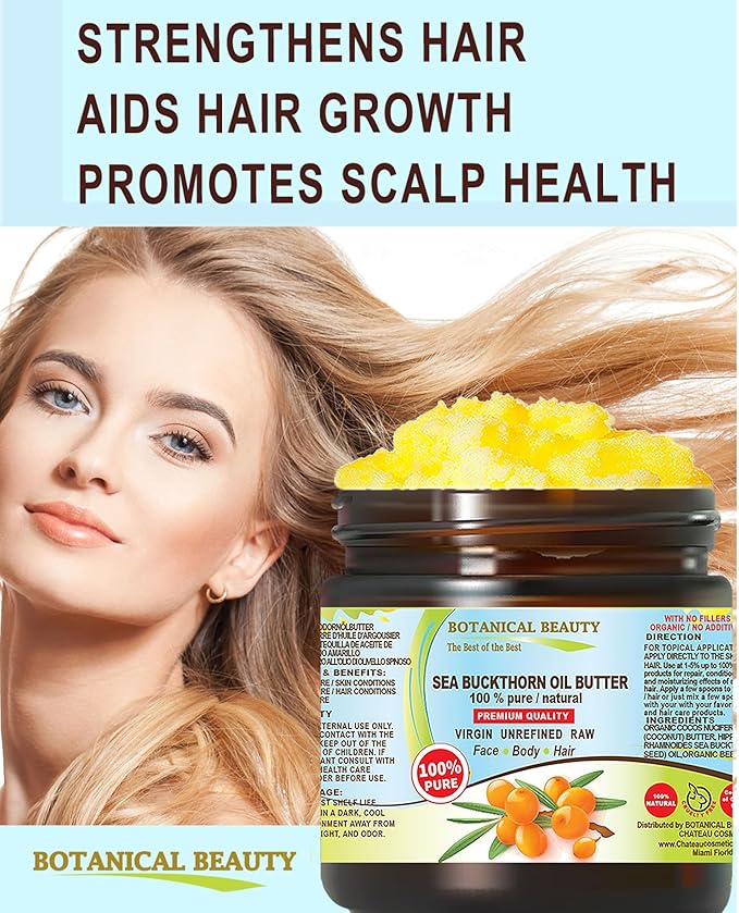 Botanical Beauty SEA BUCKTHORN OIL BUTTER Pure Natural Virgin Unrefined RAW for FACE SKIN BODY HAIR NAILS, vitamin C (8 Fl Oz)