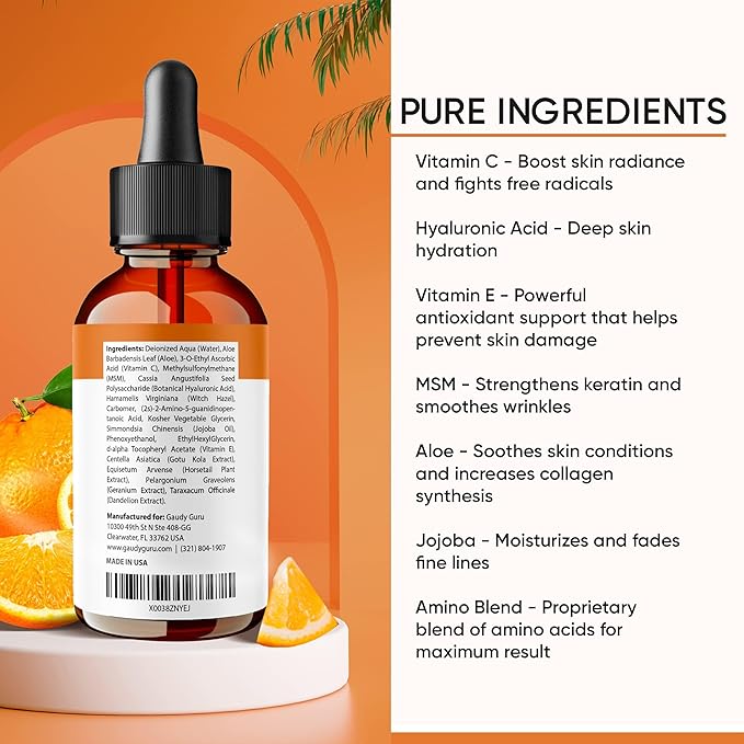 100% PURE VITAMIN C SERUM FOR FACE, Anti Aging Serum with Hyaluronic Acid, Vitamin E, MSM, Hydrating Serum for Dark Spots, Fine Lines, Wrinkles, Organic Vegan Ingredients - DOUBLE SIZED (2 OZ)