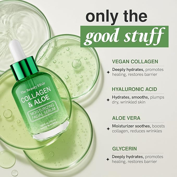 The Beauty Elixir Aloe & Collagen Serum For Face - Dermatologist Tested, Anti-Aging, Ultra Hydrating Aloe Vera Gel For Face - Natural Ingredients, Clean Beauty, Cruelty-Free Korean Skin Care - 1.69 oz