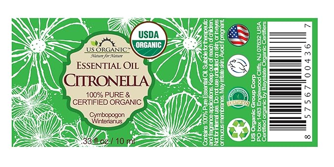 US Organic Citronella Essential Oil, Certified Organic, Pure & Natural, Improved caps and droppers. Used for Skin Care, DIY Projects Like Candle Making and Much More (10 ml.33 fl oz)