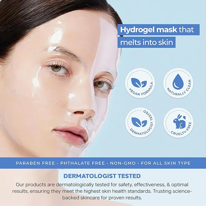 Melting Hydrogel Face Mask with Hyaluronic Acid – Deep Hydration & Pore Tightening, Glass Skin Look – Dermatologist Tested, Anti Aging Korean Skin Care, Vegan, Clean Beauty – Pack of 5