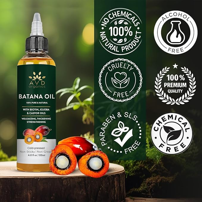 AVD ORGANICS Batana Oil for Hair Growth 4.05 fl oz | Dr Sebi Organic Raw Batana Oil from Honduras | 100% Pure & Natural for Thicker & Stronger Hair | Ideal for Men & Women | 120ML
