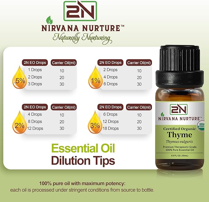 Thyme Essential Oil, USDA Certified Organic, 100% Pure Undiluted, Aromatherapy Oil for Diffuser, Hair & Skin Care