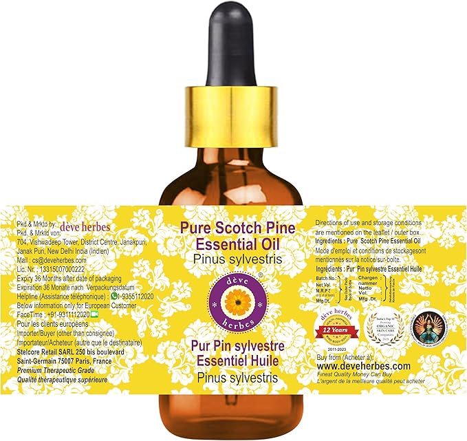 Deve Herbes Pure Scotch Pine Essential Oil (Pinus sylvestris) Steam Distilled with Glass Dropper 5ml (0.16 oz)