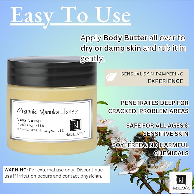 Nabila K Body Butter - Daily Moisturizer for Body Care - Skin Hydrating Deep Moisturizing - Natural Ingredients - Organic Honey - 2 oz