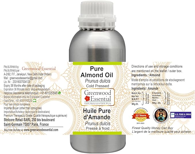 Greenwood Essential Pure Almond Oil (Prunus dulcis) Cold Pressed 1250ml (42 oz)