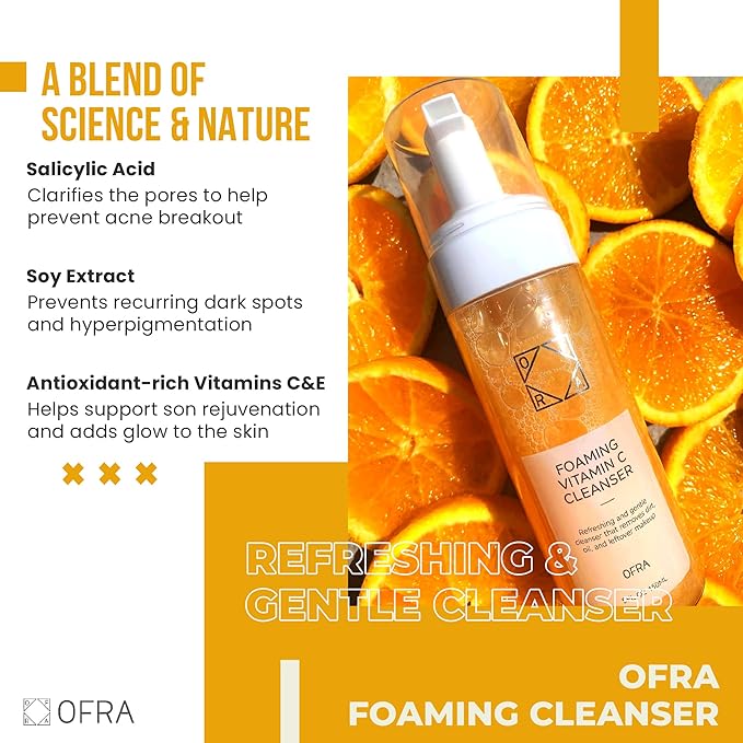 OFRA Cosmetics Foaming Vitamin C Cleanser - Frothy Face Wash Cleaner for Smooth & Glowing Skin - Daily Cleansing Skin Care for Removing Makeup, Dirt & Oil - Gentle Vegan Formula - Citrus Scent, 150mL