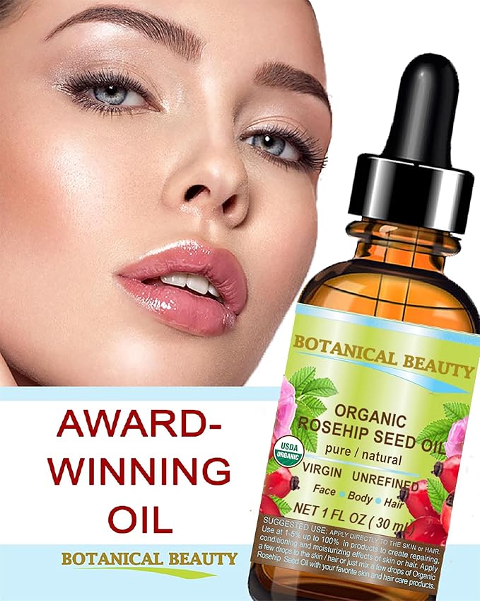 Botanical Beauty Organic ROSEHIP SEED OIL 100% Pure Natural Virgin Unrefined Cold-pressed Carrier Oil For Face, Skin, Body, Hair, Lip, Nails, Rich in vitamin C, Vitamin E, Anti-Aging (1 Fl Oz)