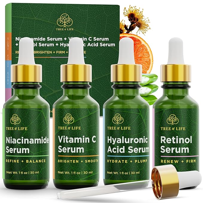 Tree of Life Beauty Facial Skin Care Set, Brightening, Firming & Hydrating Face Serums for Sensitive Skin - Niacinamide, Vitamin C, Retinol & Hyaluronic Acid, Dermatologist Tested, 1 Fl Oz (Pack of 4)