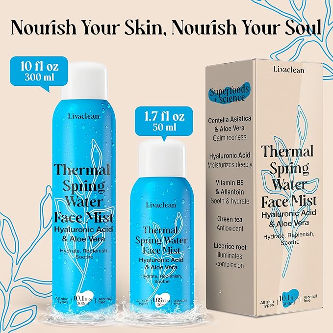 300ml + 50ml Thermal Spring Water Face Spray Mist Hydrating w/ Hyaluronic Acid & Aloe Vera - Hydrating Face Mist, Soothing & Calming, Mineral-Rich Skin Nourishment, Refreshing, 10 fl oz + 1.7 fl oz