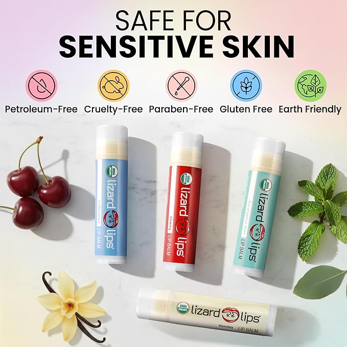 LizardLips Natural Lip Balm Eucalyptus Mint; USDA Certification Lip Moisturizer; Travel-Friendly Everyday Care; Fun Quirky Beach Vacation Essentials