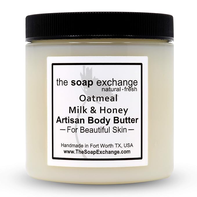 The Soap Exchange Body Butter - Oatmeal, Milk & Honey Scent - Hand Crafted 8 fl oz / 240 ml Natural Artisan Skin Care, Shea Butter, Aloe Vera, Nourish, Moisturize, & Protect. Made in the USA.
