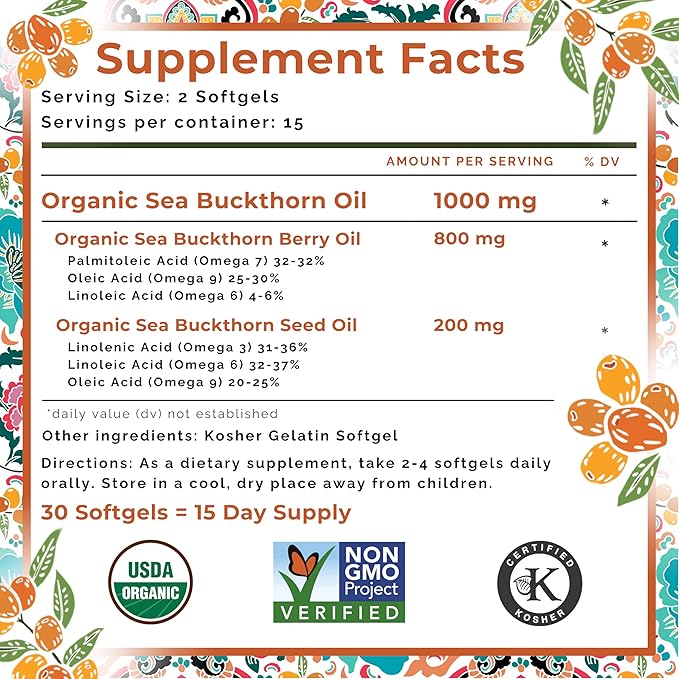 SeabuckWonders Organic Sea Buckthorn Oil Omega-7 Complete, 30 Softgels, 15 Day Supply, with Omega 3, 6 & 9, Supports Hair, Skin & Nails, Overall Health & Wellness
