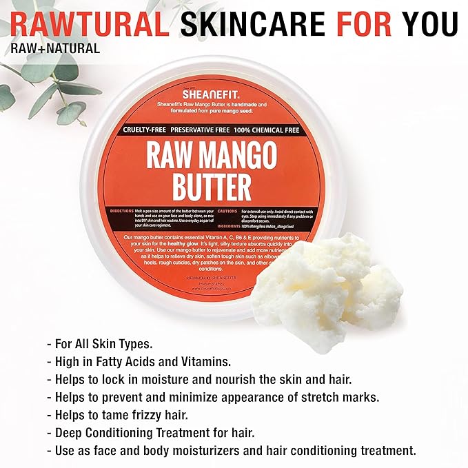 Sheanefit Raw Unrefined Mango Butter, Natural Body Butter, Soft Rejuvenating Daily Moisturizer For Face & Body (8 OZ)…