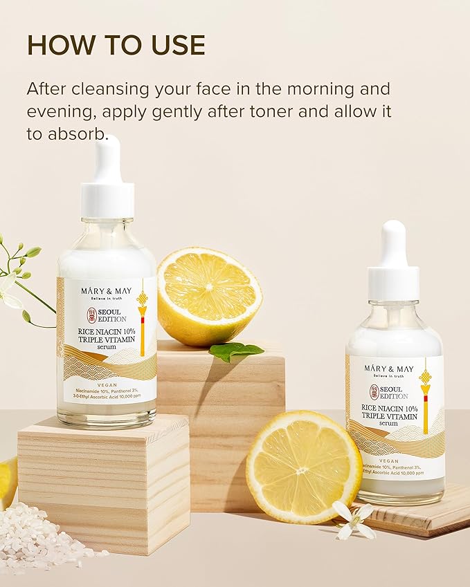 Mary&May SEOUL EDITION Rice Niacinamide 10% Triple Vitamin Serum - Korean Radiance Serum for Even Skin Tone and Healthy Glow - Niacinamide, and Vitamins - Fragrance-Free, Cruelty-Free, 2.7 fl.oz.