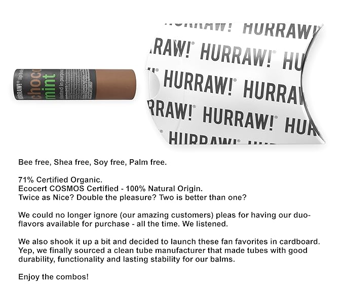 Hurraw! Chocolate & Mint Lip Balm: Plastic-Free with new cardboard push-up tube. Organic, 100% Natural Origin, Vegan, and Cruelty Free. Gluten Free. Bee, Shea, Soy and Palm Free. Made in USA
