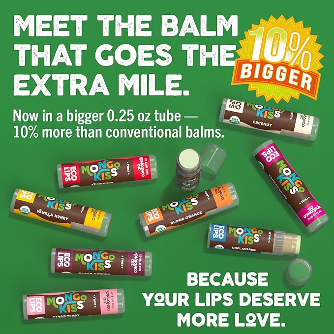 LIP BALM Mongo Kiss 6-Pack (6 tubes) Vanilla Honey by Eco Lips 100% Organic Beeswax & Cocoa Butter Lip Care with Organic Mongongo Oil - Soothe & Moisturize Dry and Cracked Lips - Made in USA