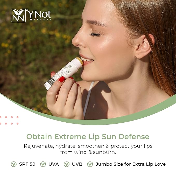 Emu Oil Moisturizing Lip Balm - Hydrating Lip Balm with Extreme SPF50+ Sun Protection - 4-Hour Water Resistant, Fortified with Vitamin E, Amino Acids & Omega 3, 6 & 9 - Y-Not Natural, 15g Stick